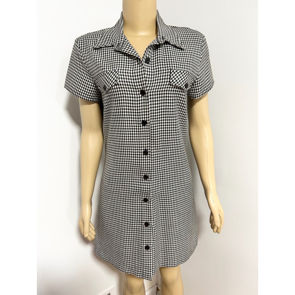 My Michelle Vintage Houndstooth Button Front Mini Shirt Dress Black White Small